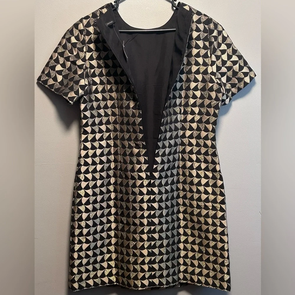 Ann Taylor Classic Geo Jacquard Flare Dress Black/Gold  Size 14 - Picture 4 of 15